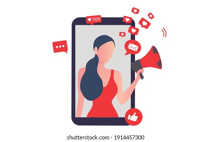 Woman shouting in loud speaker with social media icons. Influencer social media marketing, vlogger, youtuber, social influencer and influencer marketing concept vector illustration
