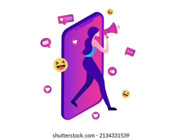 Woman shouting in loud speaker with social media icons. Influencer social media marketing, vlogger, youtuber, social influencer and influencer marketing concept vector illustration