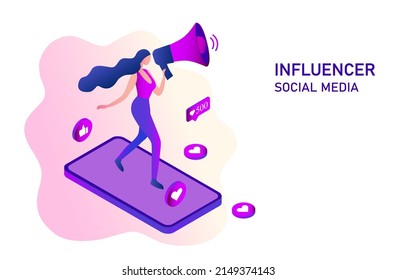 woman shouting in loud speaker with social media icons. Influencer social media marketing, blogger, vlogging, social influencer and influencer marketing concept vector illustration