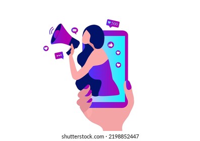 Woman shouting in loud speaker with social media icons. Influencer social media marketing, vlogger, youtuber, social influencer and influencer marketing concept vector illustration
