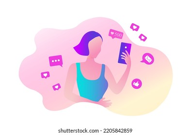 woman shouting in loud speaker with social media icons. Influencer social media marketing, blogger, vlogging, social influencer and influencer marketing concept vector illustration