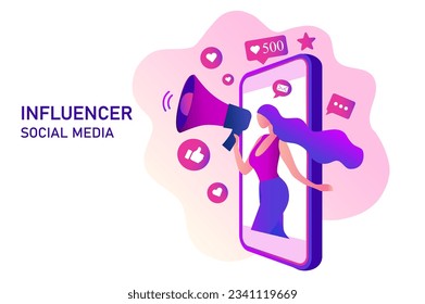 Woman shouting in loud speaker with social media icons. Influencer social media marketing, vlogger, youtuber, social influencer and influencer marketing concept vector illustration