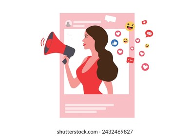 Woman shouting in loud speaker with social media icons. Influencer social media marketing, vlogger, youtuber, social influencer and influencer marketing concept vector illustration