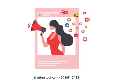 Woman shouting in loud speaker with social media icons. Influencer social media marketing, vlogger, youtuber, social influencer and influencer marketing concept vector illustration
