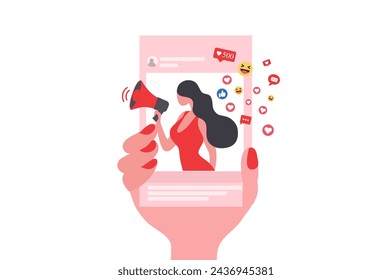 Woman shouting in loud speaker with social media icons. Influencer social media marketing, vlogger, youtuber, social influencer and influencer marketing concept vector illustration