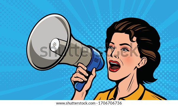 Woman shouting loudly into loudspeaker.\
Retro comic pop art vector\
illustration