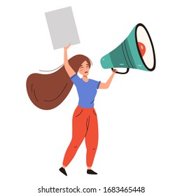 Woman shouting in loudspeaker and holding placard. Vector flat illustration isolated on white background.