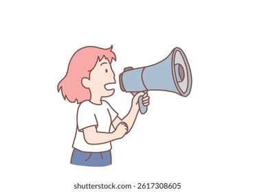 Woman shouting in loudspeaker or megaphone advertising marketing announcement business communication. Hand drawn style vector design illustrations.