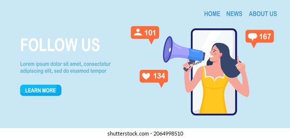 Woman shouting in loudspeaker on smartphone screen, attracting subscribers, positive feedback, followers. Social media promotion, marketing. Communication with audience. PR agency team for influencer 