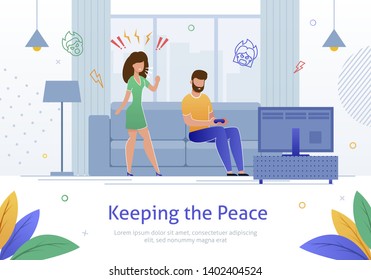 Woman Shouting at Man who Plays Video Games and Sits on Sofa in Living Room Banner Vector Illustration. Angry Wife Yelling at her Relaxed Husband. Couple Argument or Conflict at Home.