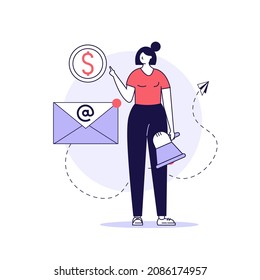 Woman shouting in megaphone. Business character announcing with loudspeaker. Direct marketing. Concept of promotion, e-mail marketing, pr, email campaign. Vector illustration in flat for web banners