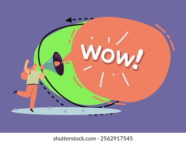 Woman shouting in megaphone. Female character attracting people attention, giving information. Advertising and marketing business concept. Cartoon vector illustration of abstract announcing speaker