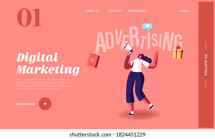 Woman Shouting to Megaphone Landing Page Template. Female Character Advertising. Online Public Relations and Affairs. Alert, Speech, Pr Social Media Promotion, Digital Ads. Cartoon Vector Illustration