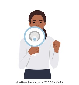 A woman shouting megaphone. Refer a friend concept. Referal marketing. Flat vector illustration isolated on white background