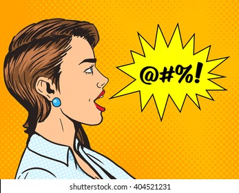 Woman shouting obscene word pop art style vector illustration. Human illustration. Comic book style imitation. Vintage retro style. Conceptual illustration