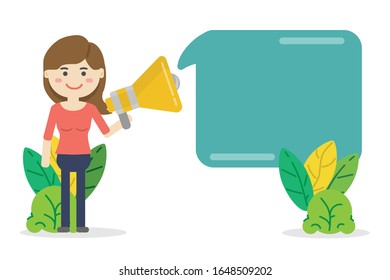 woman shouting on a megaphone. megaphone with bubble speech