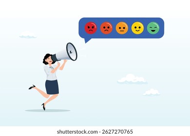 Woman shouting with satisfaction emoticon, customer satisfaction survey, service quality feedback, rating or opinion, user experience emoticon, angry or smile face review, client questionnaire concept