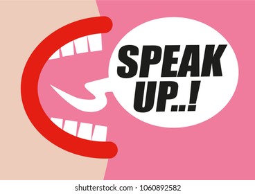 Woman Shouting SPEAK UP In Word Bubble - Protesting For Rights Of Women, Equality And Inappropriate Sexual Behavior Towards Women - Hand Drawn Vector Illustration In Pink And Red.  Vector Illustration