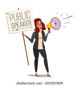 Woman Shouting Through Loud Speaker Vector. Leadership Female Speech. People On Strike. Demonstration Concept. Isolated Flat Cartoon Illustration