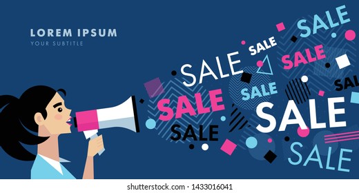 Woman shouting through a megaphone or loudspeaker. Happy young woman shouting sale. Vector illustration of sale word coming out from megaphone