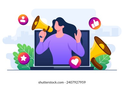 Woman shouting through megaphone on laptop screen, Influencer marketing, Follow us, Internet advertisement, Social media promotion concept for web banner, landing page, mobile app, infographic