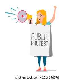 Woman Shouting Through Megaphone Vector. Public Female Protest. Public Speaker. Social Activist. Loud Announcement. Communicate Concept. Isolated Flat Cartoon Illustration