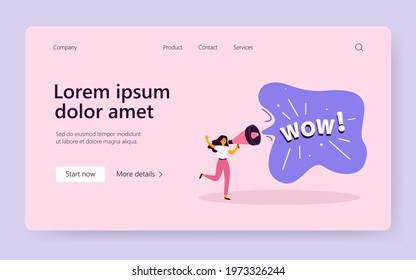 Woman shouting wow message into loudspeaker. Person with megaphone attracting attention flat vector illustration. Business advertising, information concept for banner or landing web page