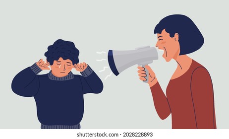 Woman shouts at the child into a megaphone. The boy covers his ears with his hands, cries. Domestic violence concept. Mom yells at her crying son. Mother scolds the child. Vector flat illustration