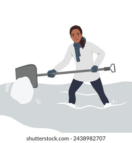 Woman with shovel cleaning and digging out car covered with snow and stuck in it after blizzard. Woman shoveling near auto in snowy storm in winter. Flat vector