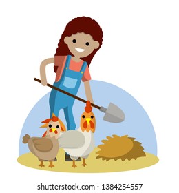 Woman with shovel in village. Work of farmer in countryside. Haystack and rustic animals chicken and cock. Natural food. Rural girl in Blue overalls. Cartoon flat illustration. Summer season. 