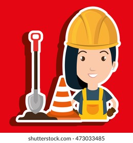 woman shovel warning construction vector illustration design