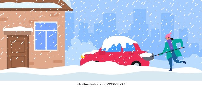 woman shoveling cleaning car from snow drift .winter storm weather vector illustration