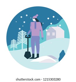Woman Shoveling her Parking Lot after a Snowstorm. Winter activity. flat icon design. vector illustration