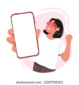 Woman Show Empty Smartphone Screen and Yes Gesture. Mobile Phone In Girl Hand. Happy Young Entrepreneur Female Character Showing Phone. Student And Technology, Ads, Followers Recommendation, Vector