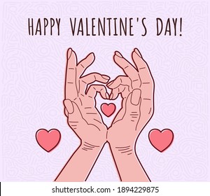 Woman show a message of love hand gesture for both hands. Design of a postcard for Valentine's Day.