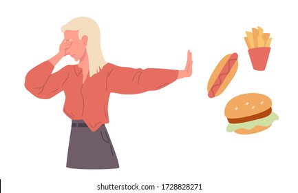 Woman show negative gestures fast food vector illustrations. Stop junk food consept. Hand language refuse. Woman disagree and rejection signs. Sign language, emotions expression.