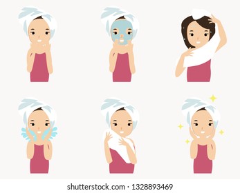 woman show the process using cosmetics with various gestures, illustration design