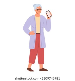 Woman show smartphone screen. Old lady with mobile phone, follow me concept. Travel person, senior granny and modern technology, empty screen advertisement mobile phone