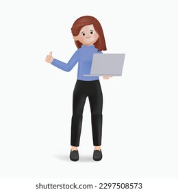 Woman show with thumb up with using computer. 3D Cartoon minimal style. 3d render cartoon vector design.