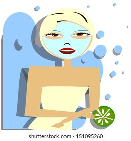 woman in the shower with a towel on head and a mask on face, a slice of cucumber and steam in the atmosphere.