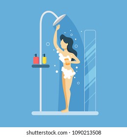 Woman in shower washing on blue background.