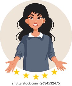 
Woman Showing a 5 Star Rating with Open Arms Vector Illustration. Satisfied customer giving positive feedback to a successful business 