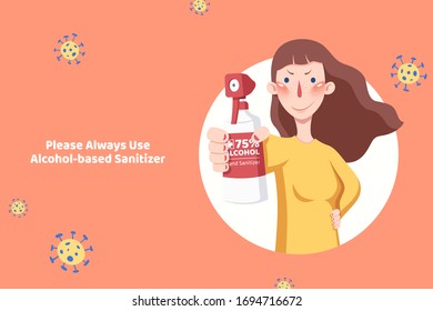 Woman showing alcohol based sanitizer in her hand with confident smile, COVID-19 prevention illustration