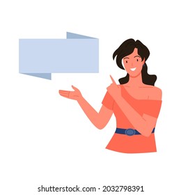 Woman showing banner blank card, female character pointing to poster to show presentation