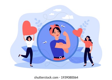 Woman showing bicep and fist. Female empowerment, equality, power sign flat vector illustration. Feminism concept for banner, website design or landing web page