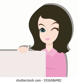 Woman showing blank poster concept. Creative idea design for template, brochure or presentation.