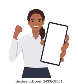 Woman showing at blank screen mobile phone and hand gesture success. Flat vector illustration isolated on white background