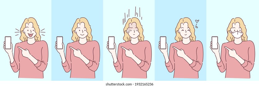 Woman showing blank smartphone screen and pointing on it. Woman display various emotional expressions. Hand drawn in thin line style, vector illustration. (A Mask can be removable)