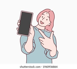 Woman showing blank smartphone screen and pointing on it. Hand drawn in thin line style, vector illustrations.