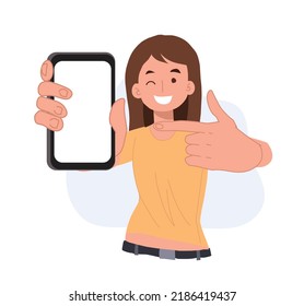 Woman showing blank smartphone screen and pointing on it. cartoon vector illustrations.
